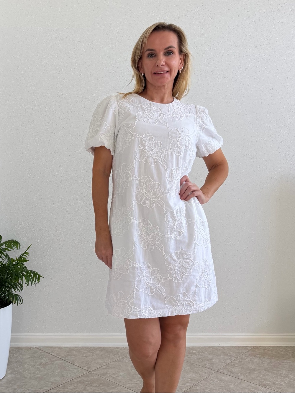 NWT J.Crew White Floral Embroidered Cotton Puff Sleeve Dress Size 8